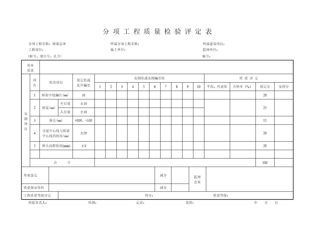 桥梁质量检验评定表