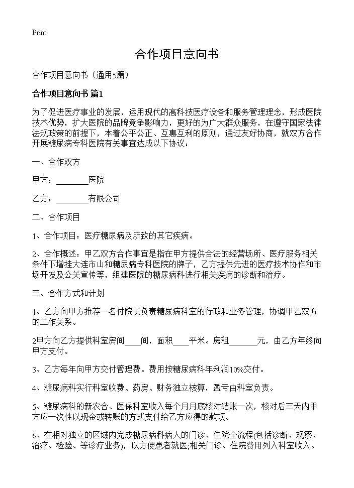 合作项目意向书5篇