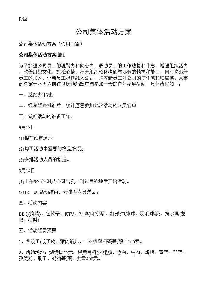 公司集体活动方案11篇