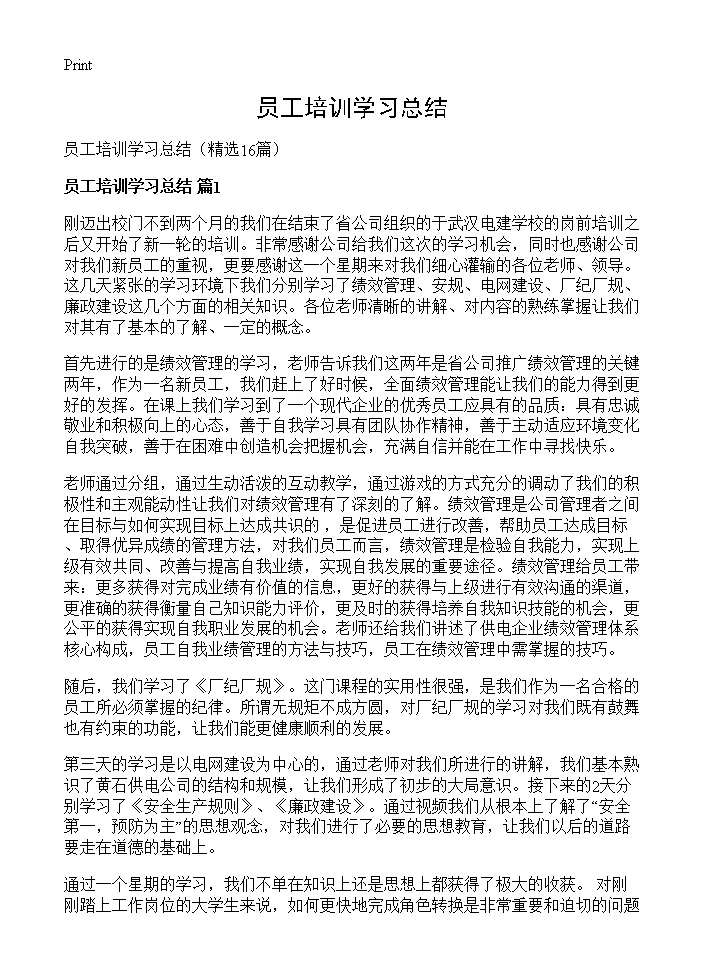 员工培训学习总结16篇