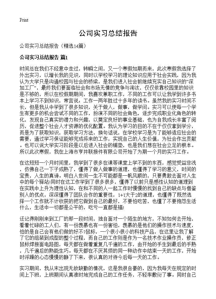 公司实习总结报告14篇