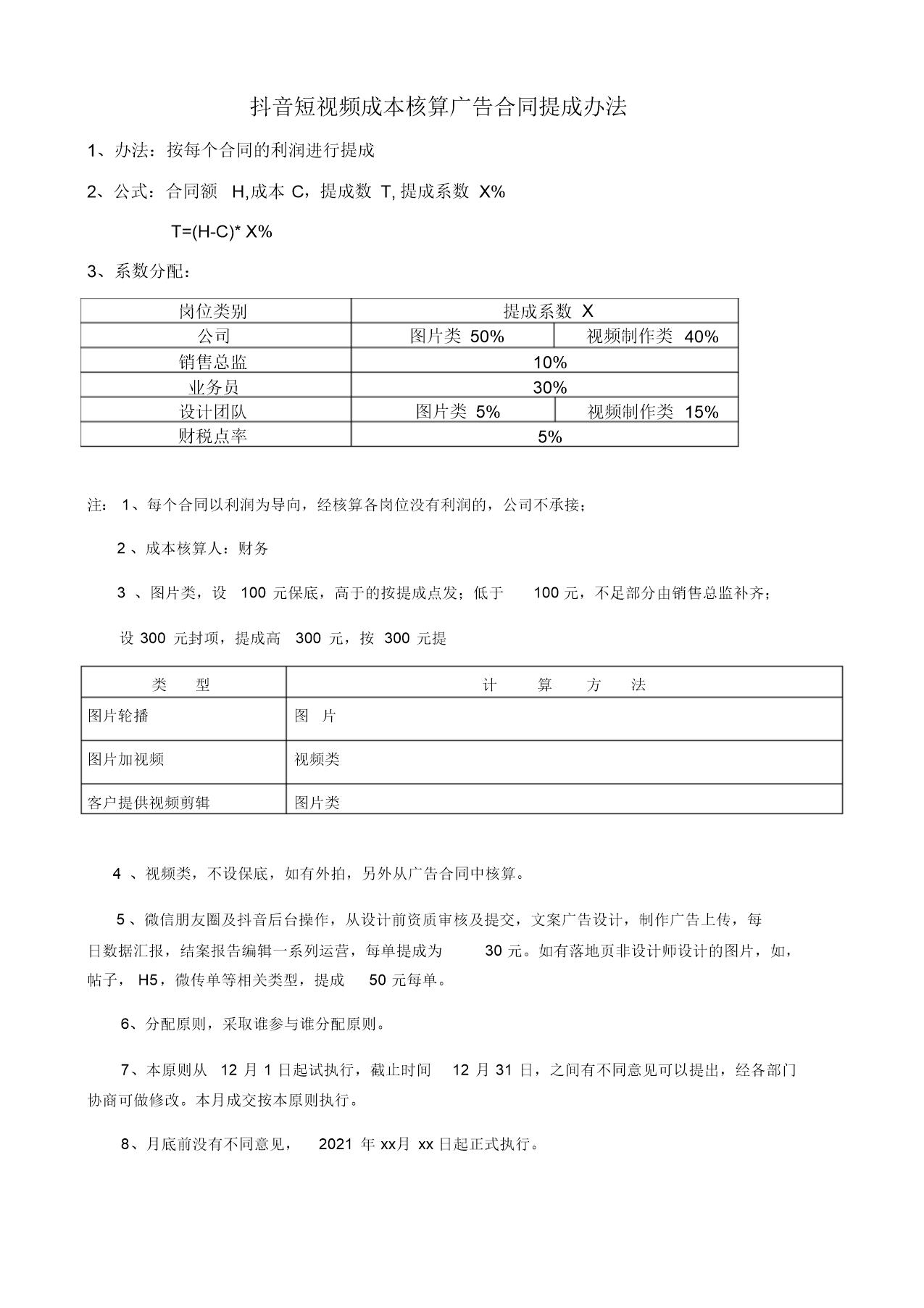 短视频作成本核算广告合同提成办法