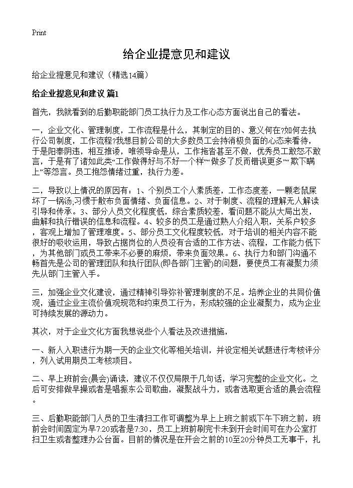 给企业提意见和建议14篇