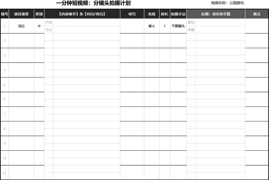 抖音短视频分镜头拍摄脚本计划表