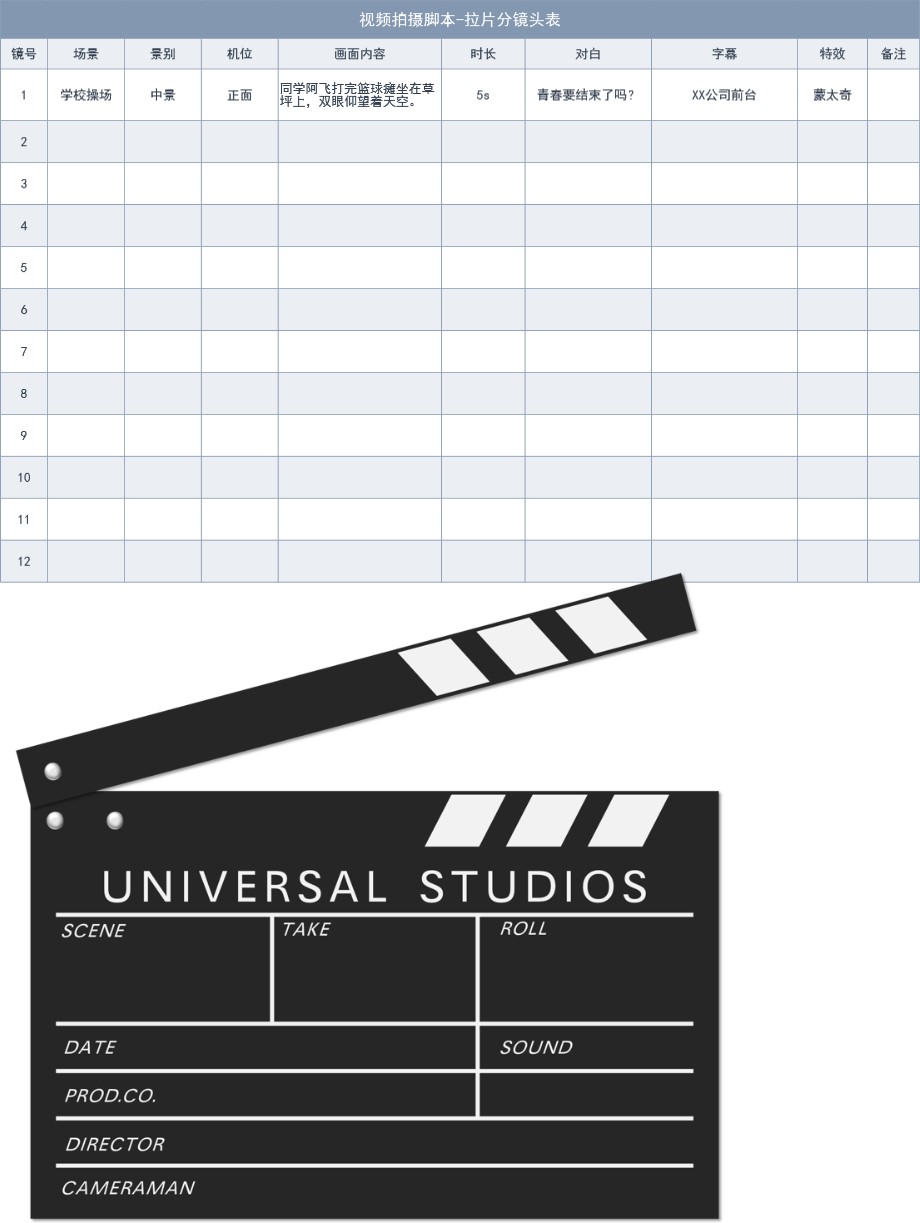 抖音视频拍摄脚本拉片分镜头表
