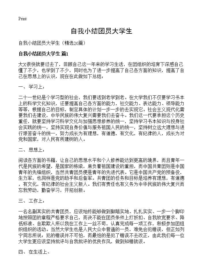 自我小结团员大学生20篇