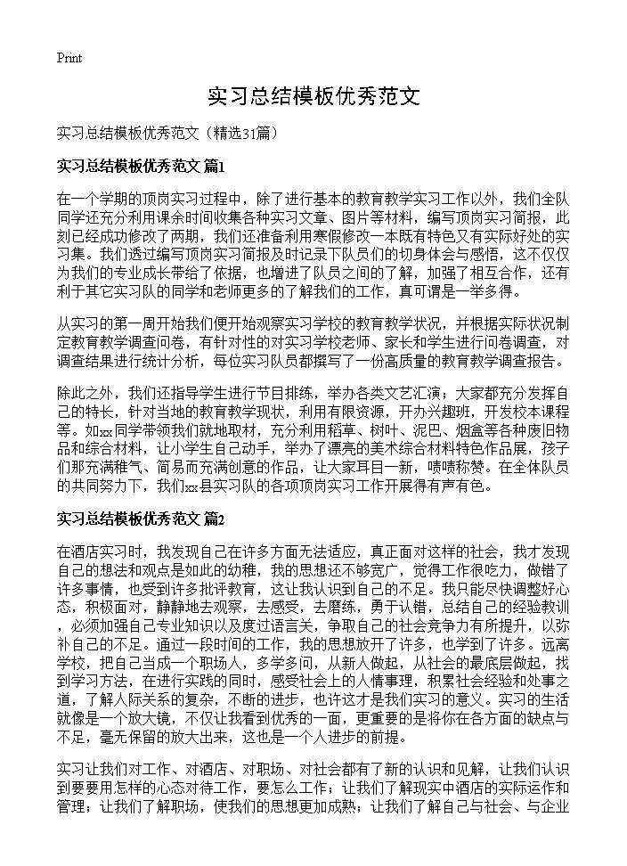 实习总结模板优秀范文31篇