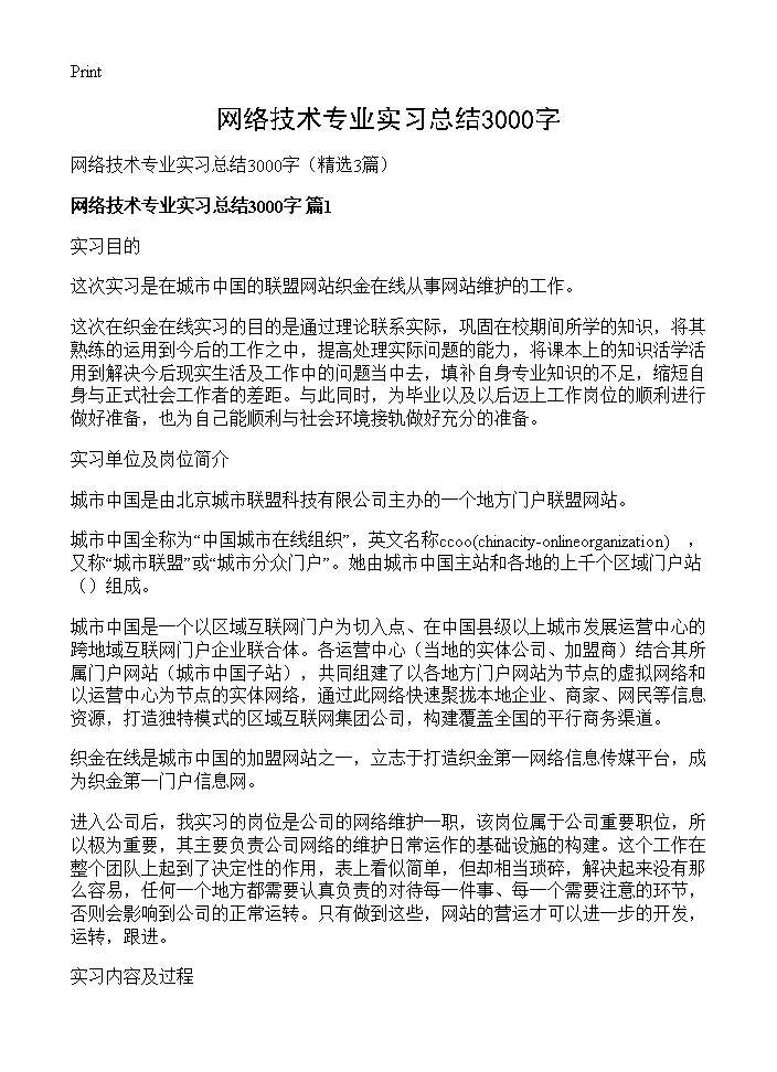 网络技术专业实习总结3000字3篇