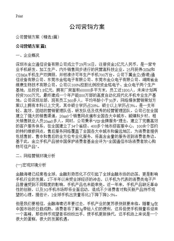 公司营销方案3篇