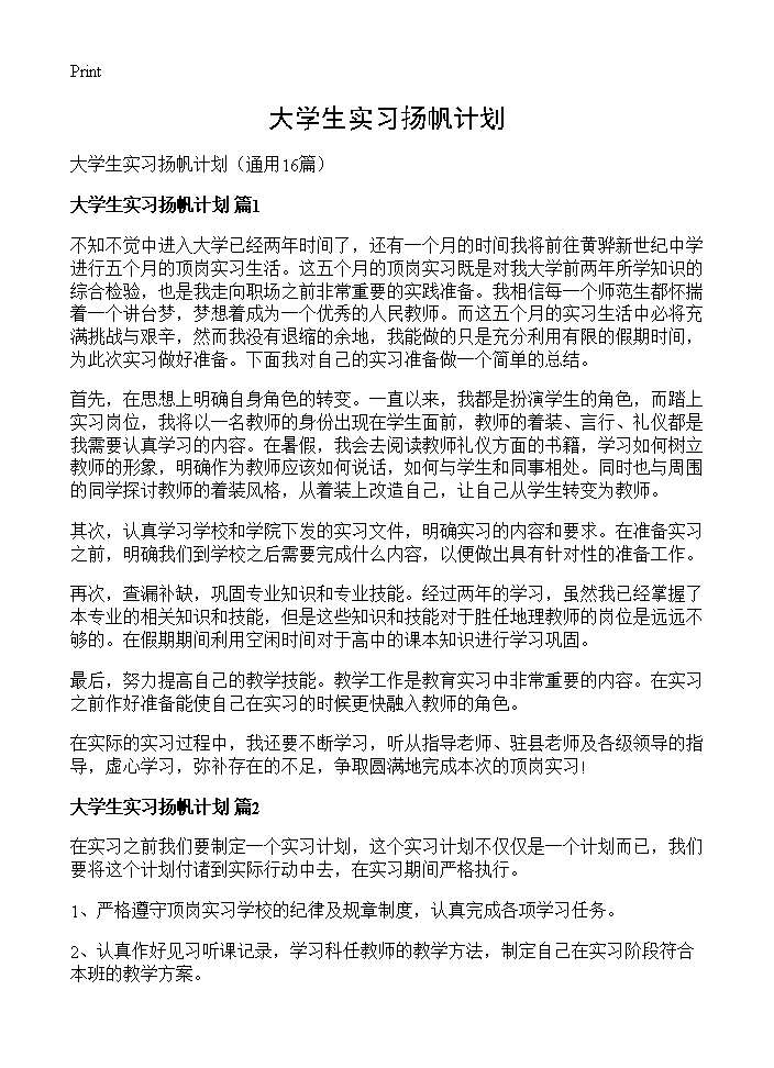 大学生实习扬帆计划16篇