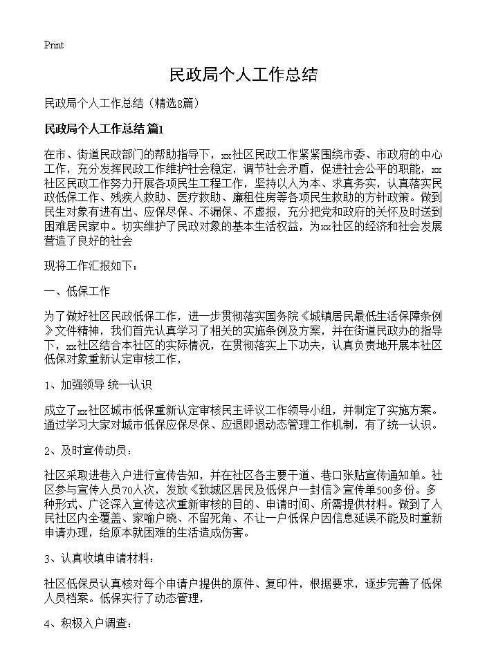 民政局个人工作总结8篇