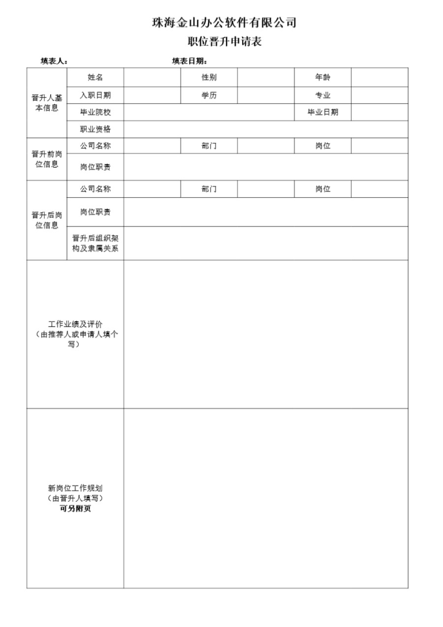 职位晋升申请表