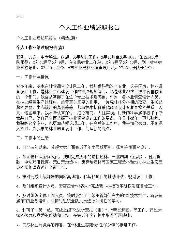 个人工作业绩述职报告5篇