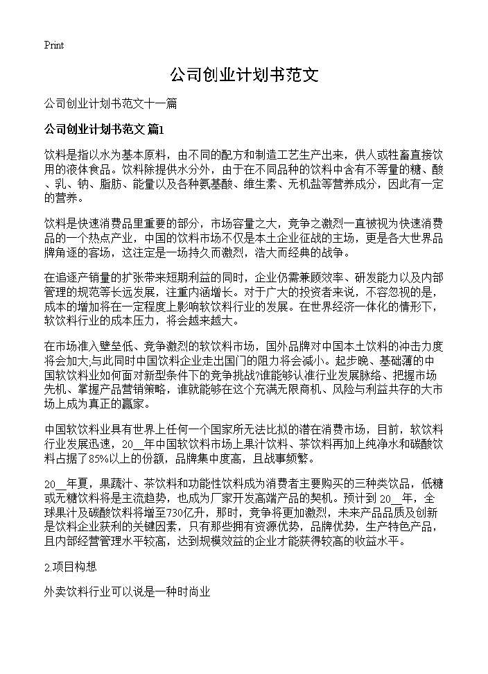 公司创业计划书范文