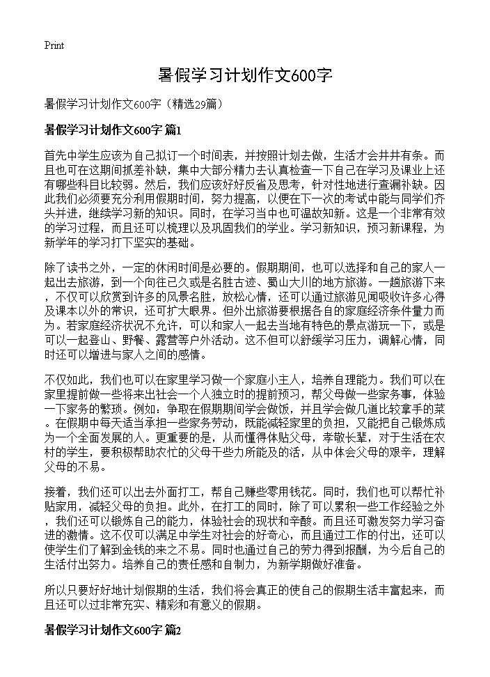 暑假学习计划作文600字29篇