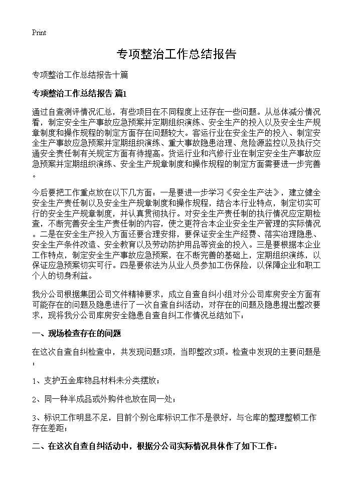 专项整治工作总结报告