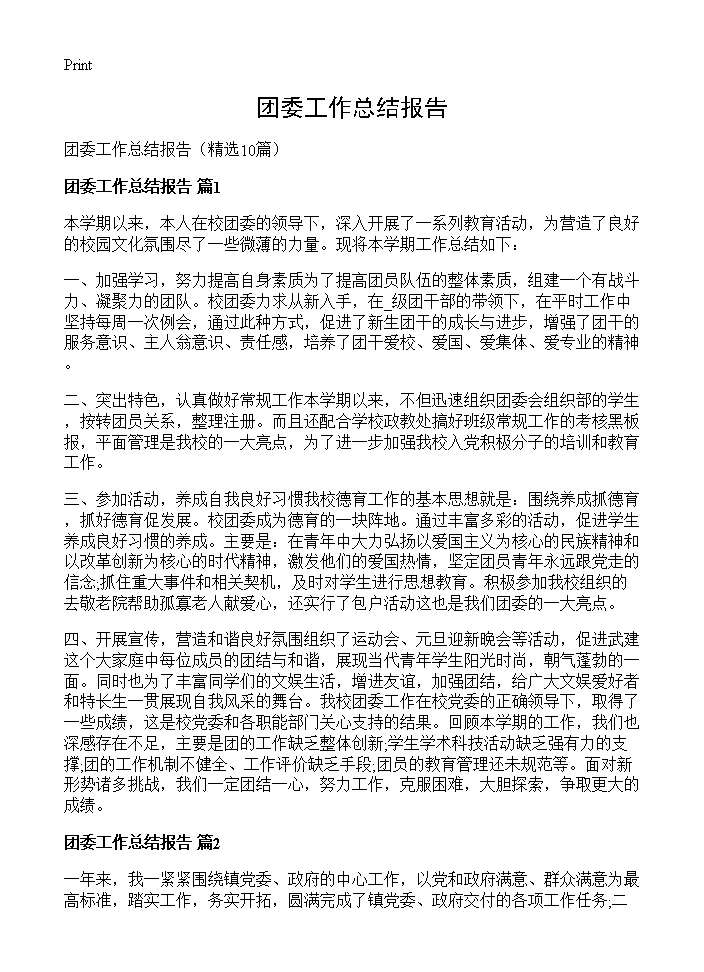 团委工作总结报告10篇