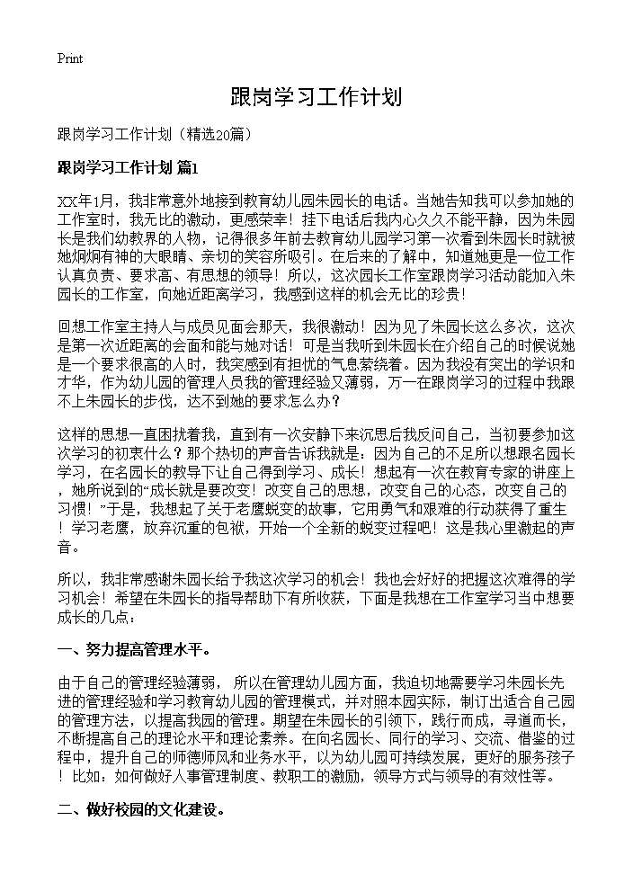 跟岗学习工作计划20篇