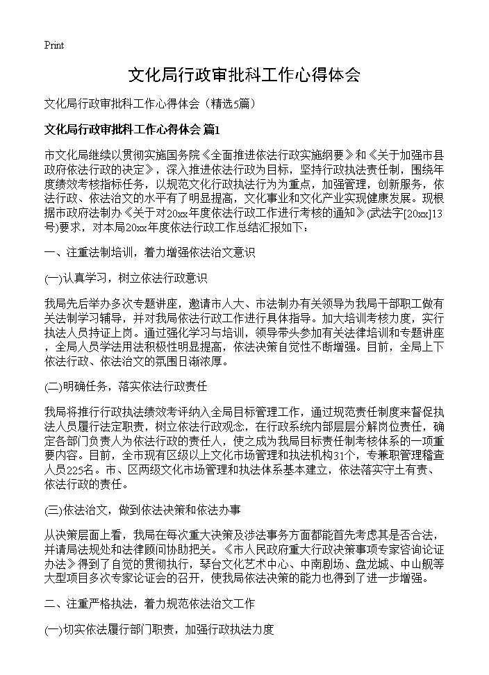 文化局行政审批科工作心得体会5篇