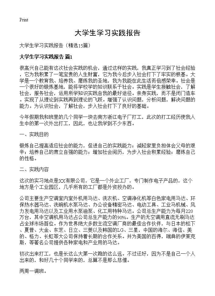 大学生学习实践报告15篇