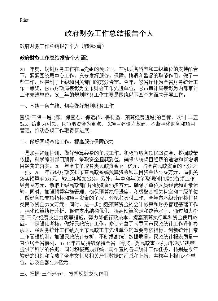 政府财务工作总结报告个人8篇