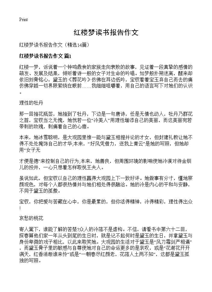 红楼梦读书报告作文14篇