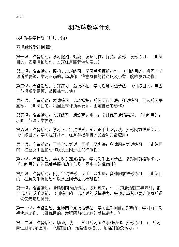 羽毛球教学计划17篇