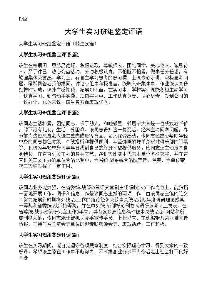 大学生实习班组鉴定评语20篇