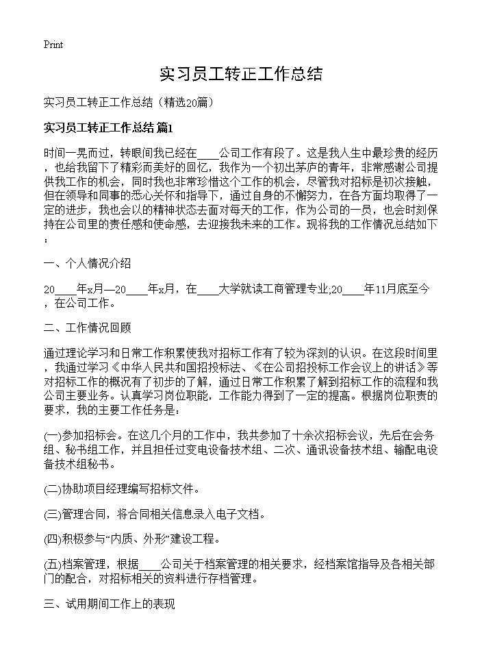 实习员工转正工作总结20篇