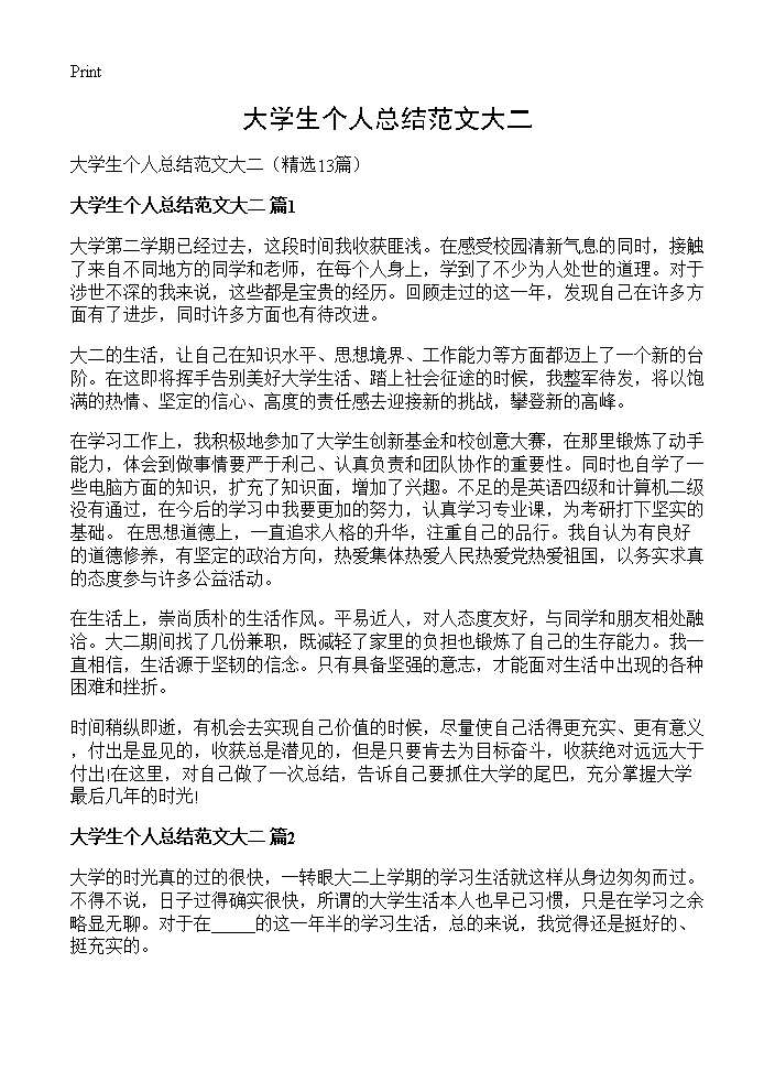 大学生个人总结范文大二13篇