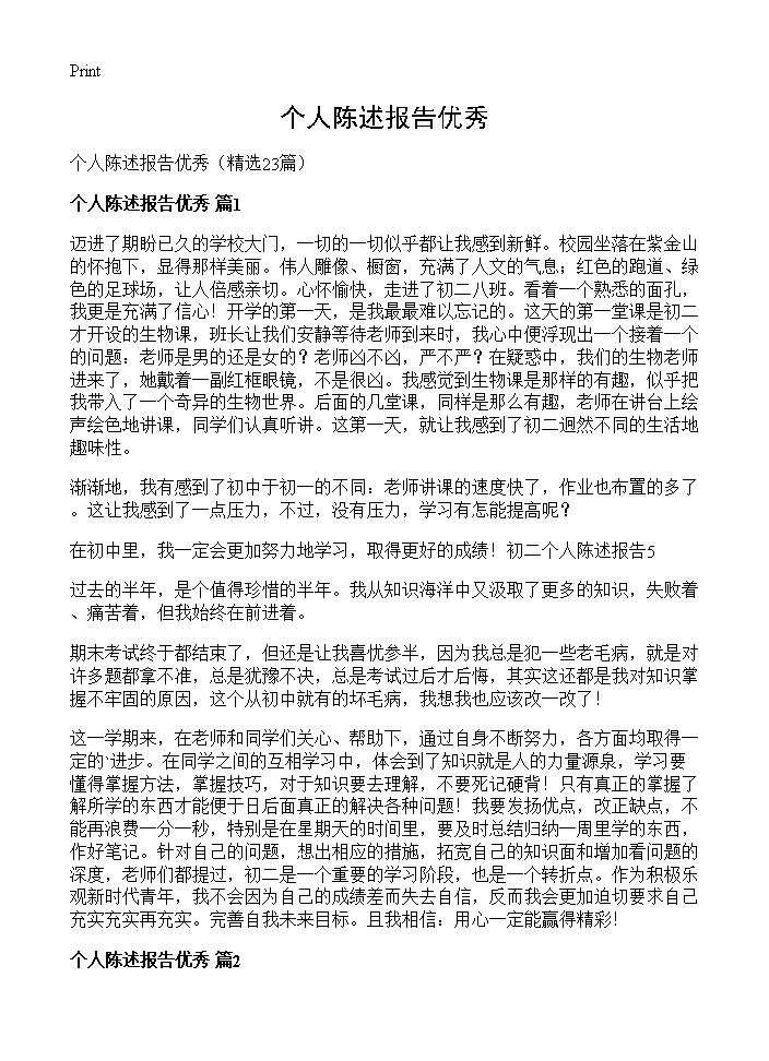 个人陈述报告优秀23篇