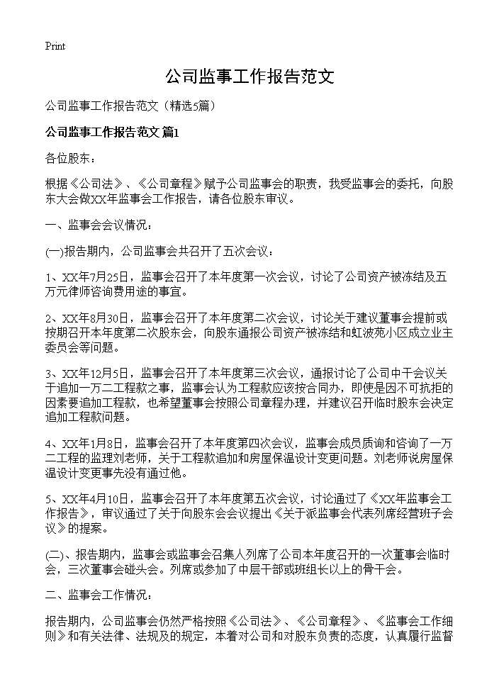 公司监事工作报告范文5篇