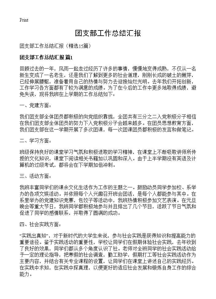 团支部工作总结汇报15篇