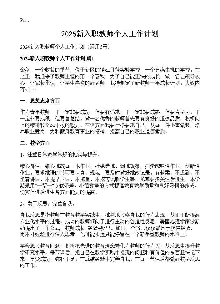 2024新入职教师个人工作计划3篇