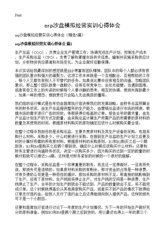 erp沙盘模拟经营实训心得体会5篇