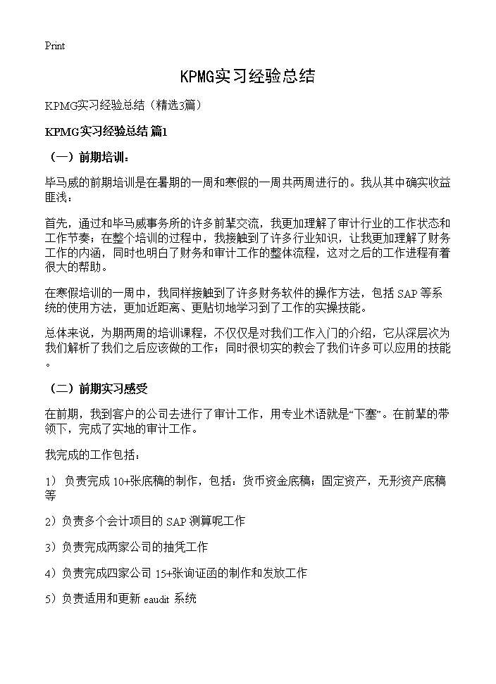 KPMG实习经验总结3篇