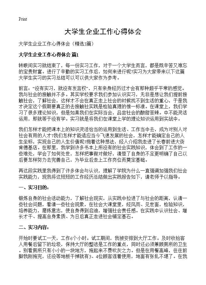 大学生企业工作心得体会3篇