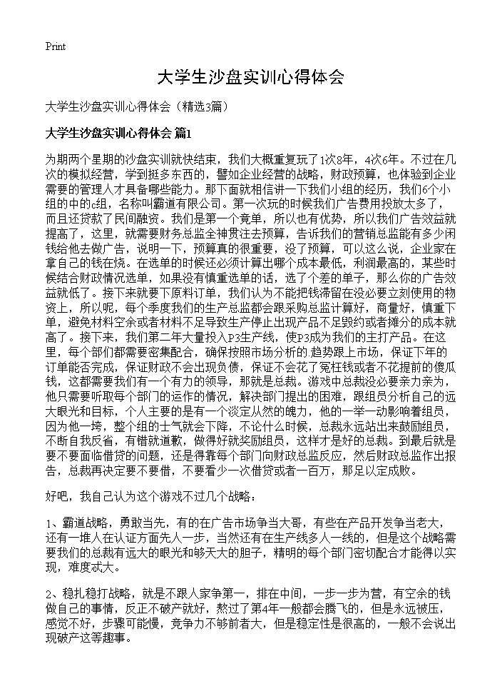 大学生沙盘实训心得体会3篇