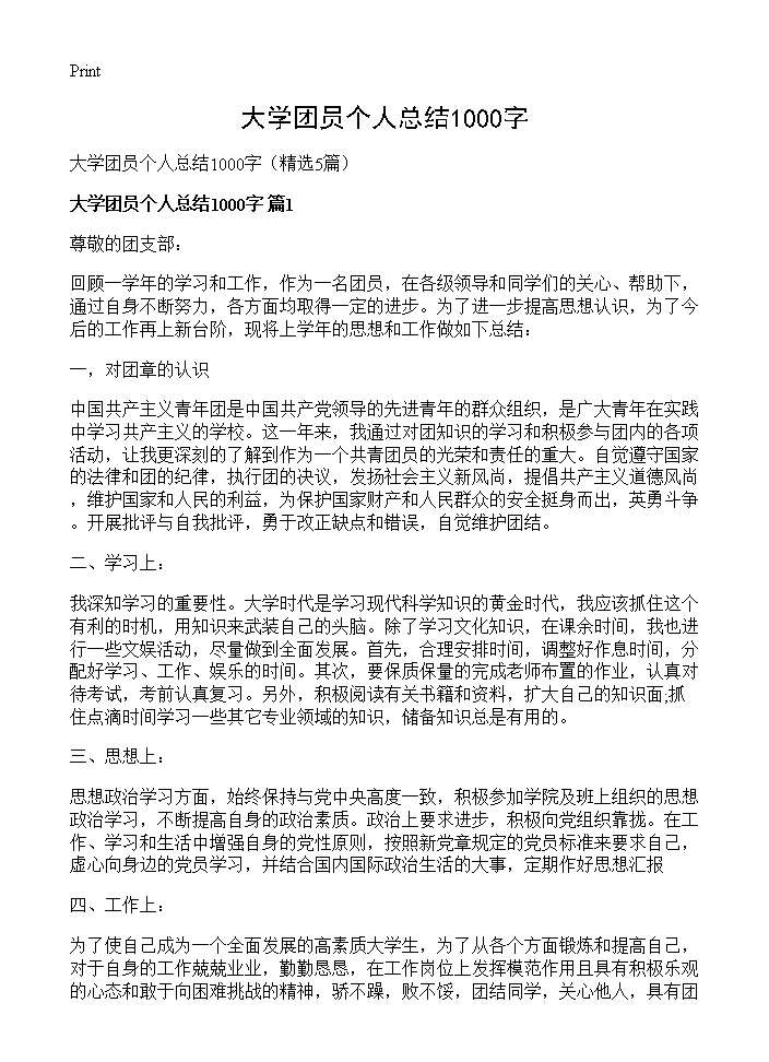 大学团员个人总结1000字5篇