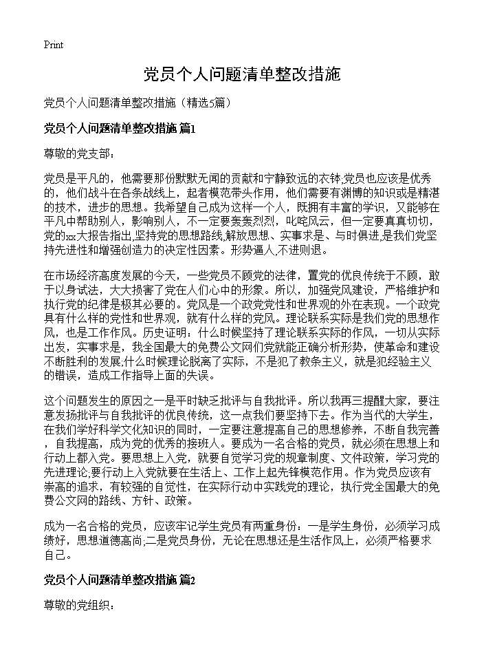 党员个人问题清单整改措施5篇