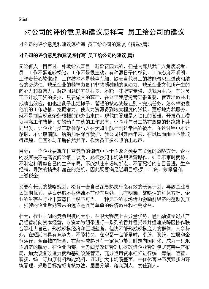 对公司的评价意见和建议怎样写 员工给公司的建议3篇