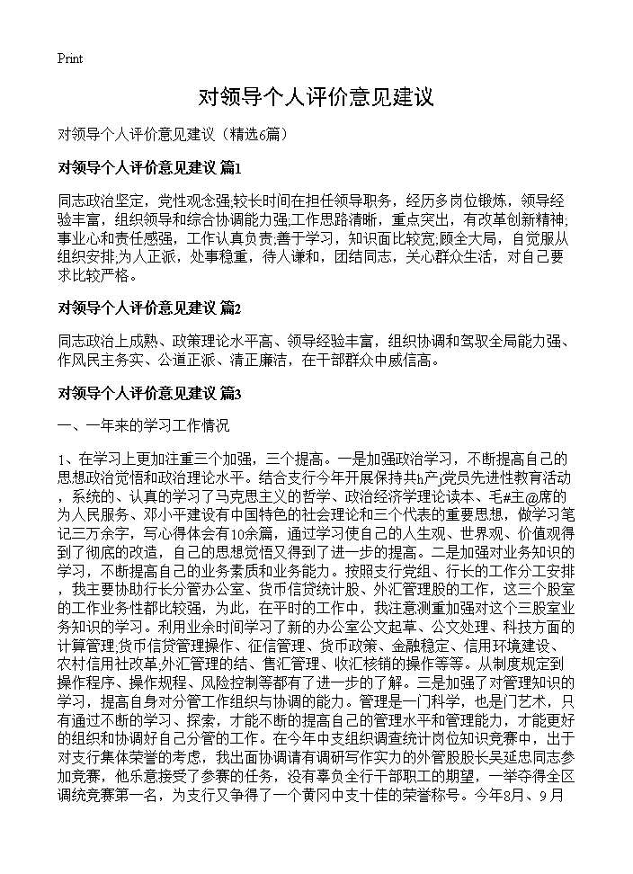 对领导个人评价意见建议6篇