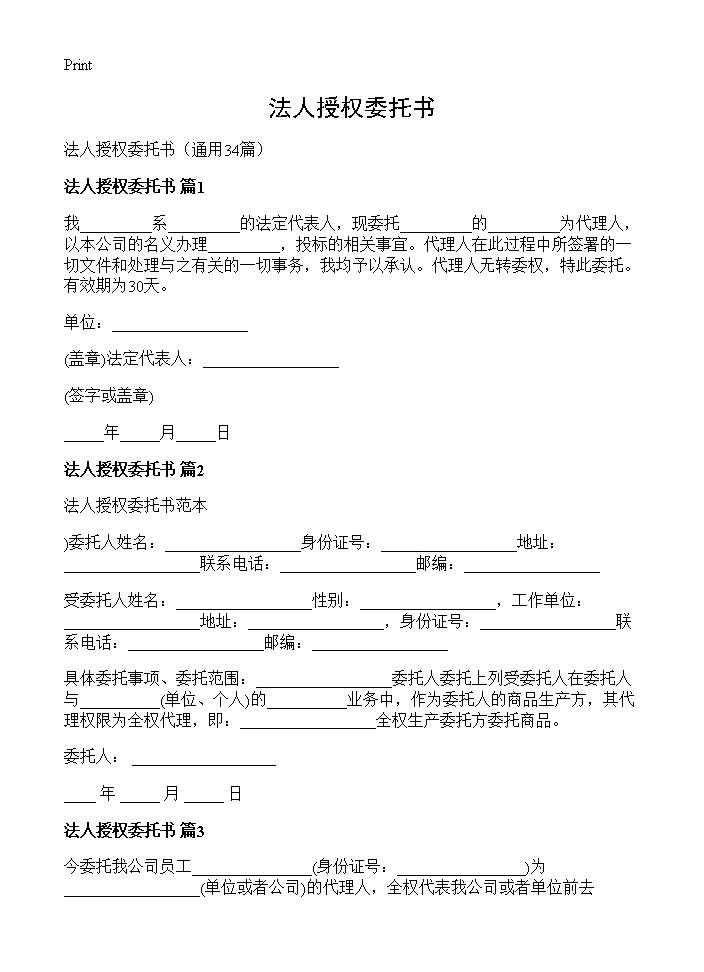 法人授权委托书34篇