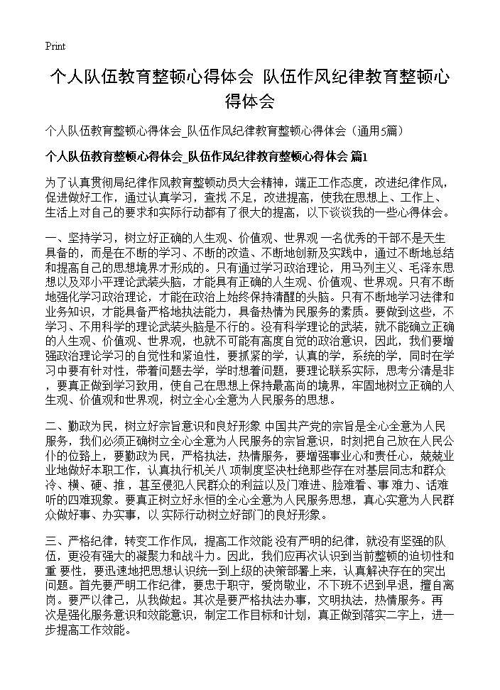 个人队伍教育整顿心得体会 队伍作风纪律教育整顿心得体会5篇