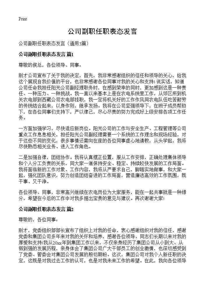 公司副职任职表态发言3篇