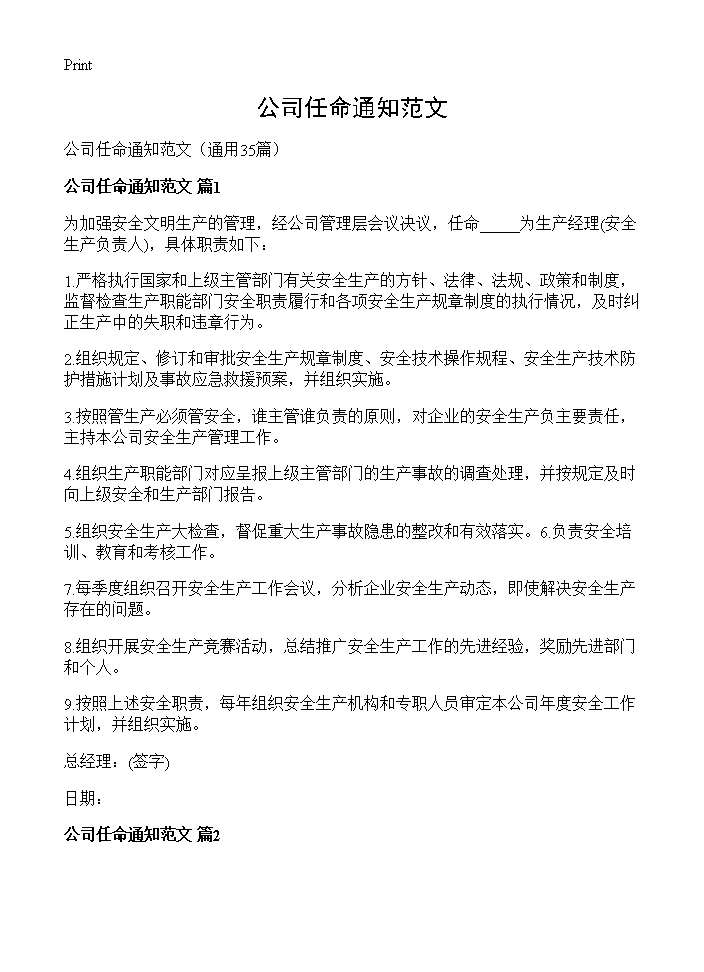 公司任命通知范文35篇