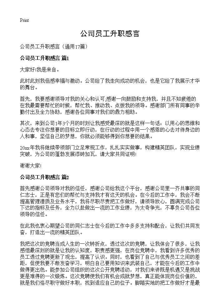 公司员工升职感言17篇