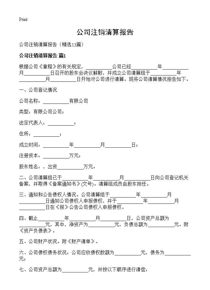 公司注销清算报告13篇