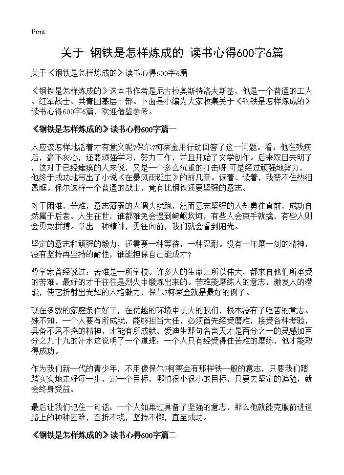 关于《钢铁是怎样炼成的》读书心得600字6篇