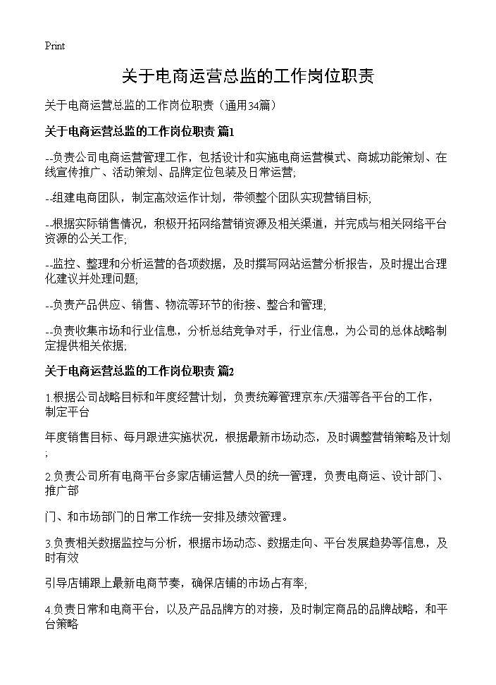 关于电商运营总监的工作岗位职责34篇